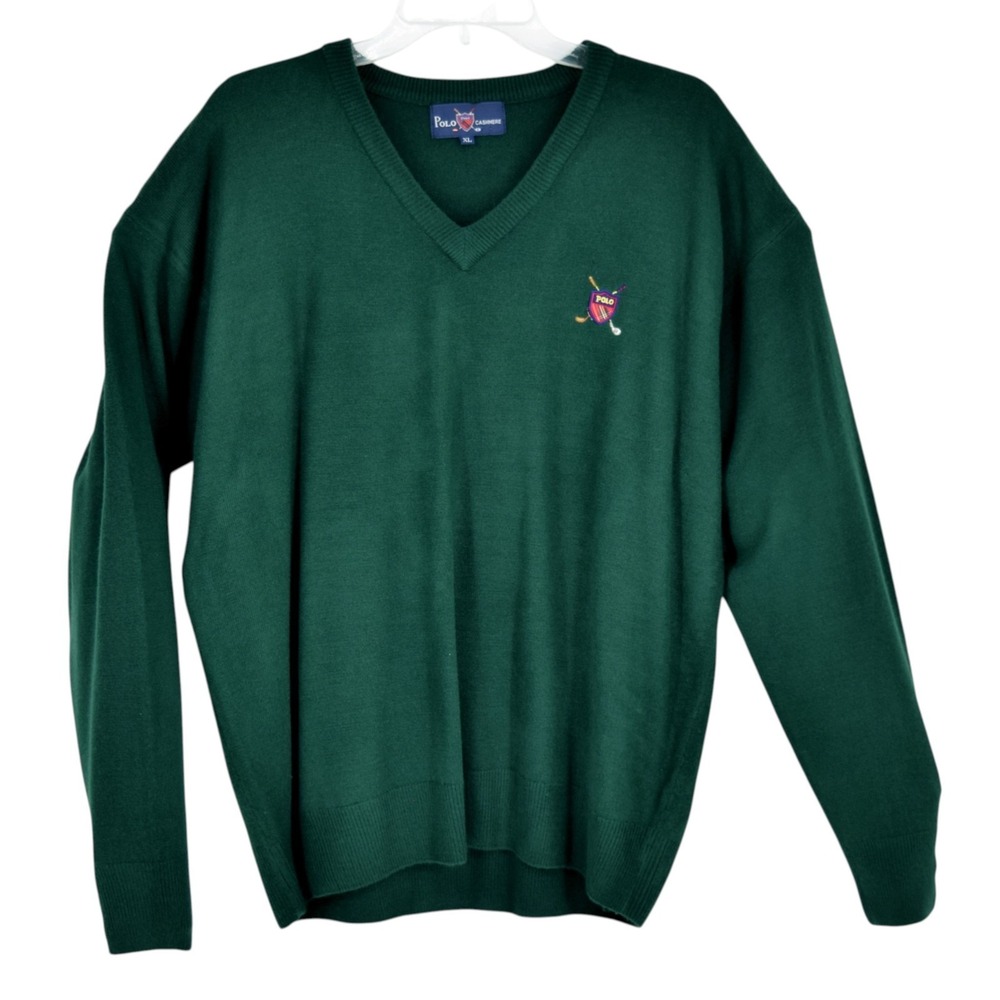 Polo Golf Ralph Lauren Men XL Green Cashmere V-Neck Sweater Vintage 90s Crest